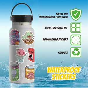Waterproof zombie food stickers on a water bottle showing durable PVC material detail