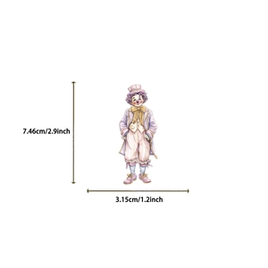 Detailed dimension view of vintage clown sticker showing height 2.9 inch and width 1.2 inch