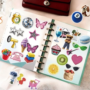 Detailed view of Y2K girl stickers set featuring cute animals and daily items for DIY crafts