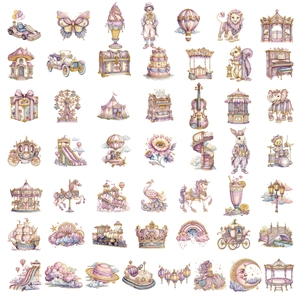Detailed set of 50 vintage pink PET stickers featuring dream carousel and ferris wheel motifs