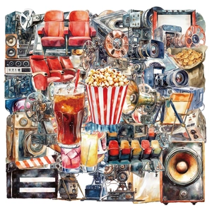 Retro Watercolor Movie Projector Stickers PET Waterproof Vintage Film Theme Decorative DIY Phone Case Laptop Cup Decals