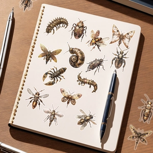 Set di 50 adesivi insetti steampunk meccanici con ingranaggi su un taccuino