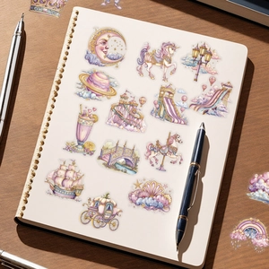 Creative pink fantasy stickers featuring unicorn and castle patterns on a journal