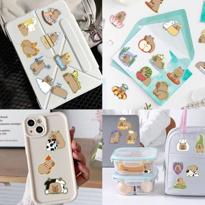 Close-up of cute cartoon Capybara stickers on iPad case and school bag surfaces