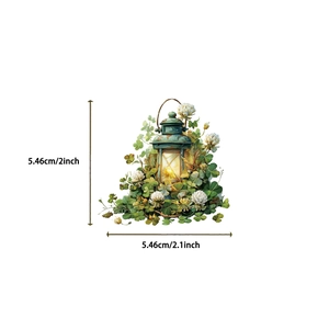 Detail view of a vintage lantern sticker with green clovers and white flowers stickers