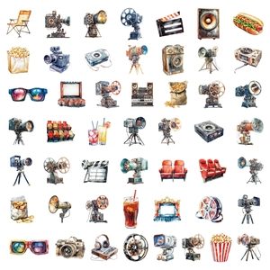 Detailed grid of 50 vintage watercolor movie projector and cinema stickers on white background