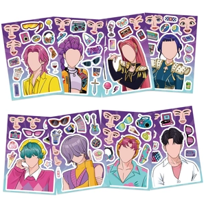 Vue macro de 8 planches de stickers animés étanches en PVC avec divers accessoires de visage