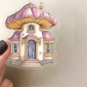 Fantasy mushroom house sticker with purple tones and gold borders for journal decoration