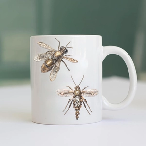 Dettaglio di adesivi di insetti steampunk meccanici su una tazza bianca con ingranaggi