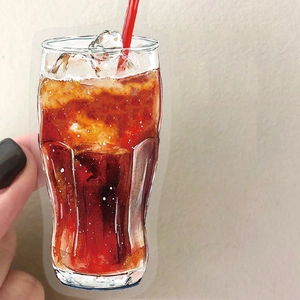 Detail showing a hand-held watercolor cold drink sticker with ice cubes and a red straw