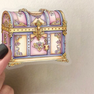 Fantasy pink treasure chest PET sticker with gold details for scrapbooking and decoration