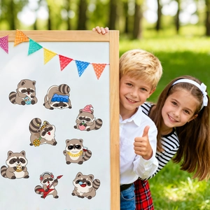 Cute cartoon raccoon stickers set with 8 diverse DIY puzzle designs for creative kids' fun