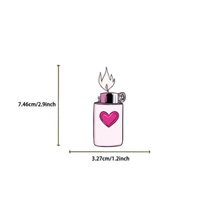 Detailed dimension view of pink heart lighter enamel pin measuring 7.46cm by 3.27cm