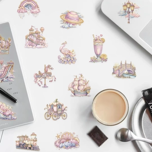 50pcs Pink Dreamy Amusement Park PET Stickers with carousel and castle for journaling