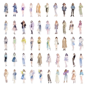 Detailed grid view of 50 PET stickers featuring stylish girls for scrapbooking and DIY decor