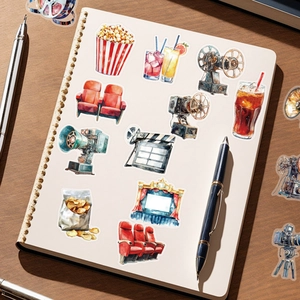 50pcs vintage watercolor movie stickers featuring projectors and snacks for DIY crafts