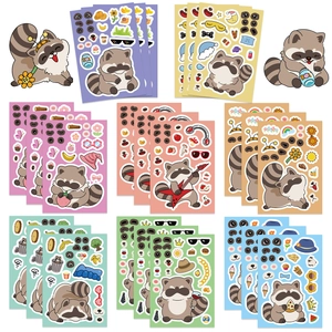 DIY cartoon raccoon stickers set for kids craft with various facial expressions and hats