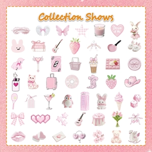 Detailed collection of cute pink aesthetic stickers with rabbits, hearts, and dessert patterns