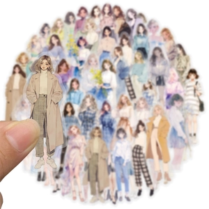 Detailed close-up of a stylish girl sticker in a camel coat on clear PET material