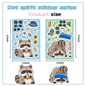 DIY cartoon raccoon stickers set for kids craft with pizza and ice cream accessories
