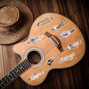 50pcs cute Korean style aesthetic girl stickers on a wooden guitar with a vintage hat