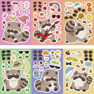 6 sheets of cartoon raccoon make-a-face DIY puzzle stickers with cute accessories