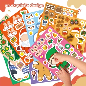 Children using creative Christmas stickers with Santa and snowman for DIY holiday party crafts