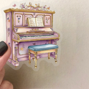Dreamy pink amusement park stickers featuring a vintage purple piano with gold floral details