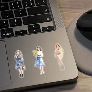 Detailed view of matte fashion girl PET stickers applied to a laptop palm rest