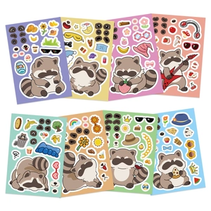 Set of 8 cute cartoon raccoon DIY stickers with mix-and-match facial features for kids