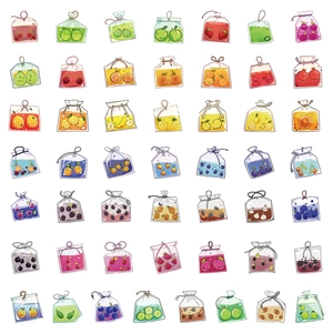 Detailed collection of 56 fruit tea stickers featuring colorful cartoon designs for DIY