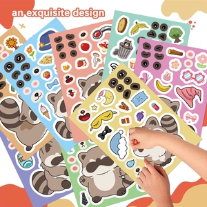 Detail view of 8 colorful raccoon DIY stickers with mix-and-match facial features for kids