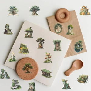 Detailed view of 50pcs green forest stickers with mushroom and fairy motifs on wood