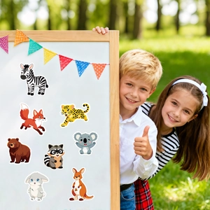 8 sheets of forest animal face stickers for kids puzzle games on outdoor lawn background