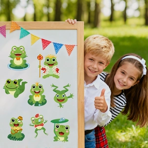 DIY cartoon frog stickers for kids featuring 8 cute make-a-face puzzle toy designs