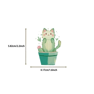 Detail view of cat cactus sticker dimensions 5.82cm by 4.17cm on white background