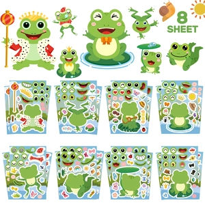 Detail showing 8 sheets of cute cartoon frog DIY make-a-face stickers for creative kids' play