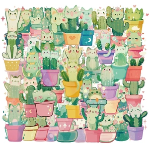 Cute Cat Cactus Transparent PET Stickers For Suitcase Water Bottle Guitar Skateboard Laptop Kawaii Cartoon Decals For Kids