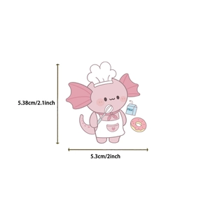 Vue détaillée d'un autocollant chef axolotl rose avec dimensions pour décor de laptop