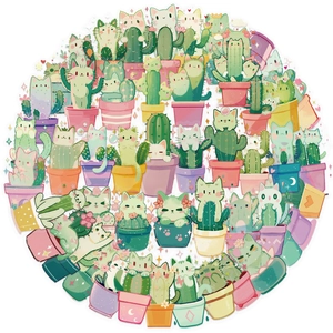 50 pieces of cute Kawaii cat cactus transparent PET stickers for DIY luggage and decor
