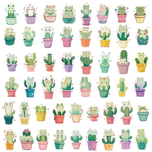 Detailed sheet of 48 unique cute cat cactus stickers in pastel colors for DIY decoration