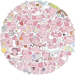 50 pieces of cute pink axolotl stickers for water bottles and skateboards