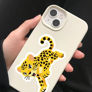 Close-up of cream silicone phone case featuring a cartoon leopard illustration