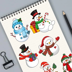 Détail de six autocollants de bonhomme de neige festifs avec accessoires sur un carnet