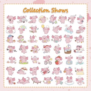 Detailed collection of 50 cute pink axolotl stickers featuring various lifestyle designs