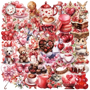 50pcs romantic Valentine's Day heart stickers with watercolor animals and floral designs