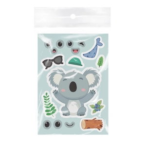 Detail of DIY koala facial expression stickers for kids with various forest accessories
