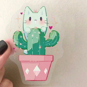 Cute transparent PET sticker featuring a green cat cactus in a pink pot for DIY decor