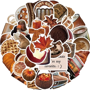 53-piece pack of autumn aesthetic stickers with pumpkins, leaves, and vintage coffee designs