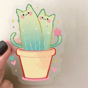 Handheld display of cute transparent cat cactus PET stickers for DIY decoration